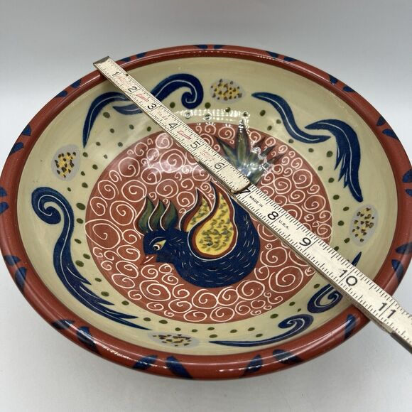 American Folk Art Pottery Serving Bowl Bird Hand Painted McNeil Red Blue 11" - Picture 8 of 9